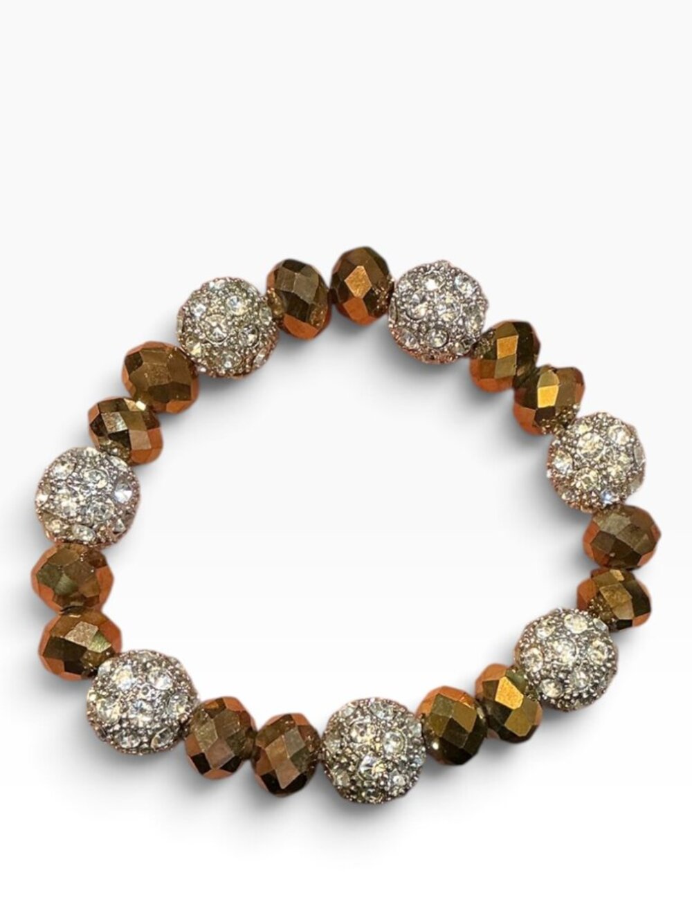 Unsigned Rhinestone Pave Ball Bronze Faceted Bead Stretch Bracelet 6.5” Glam